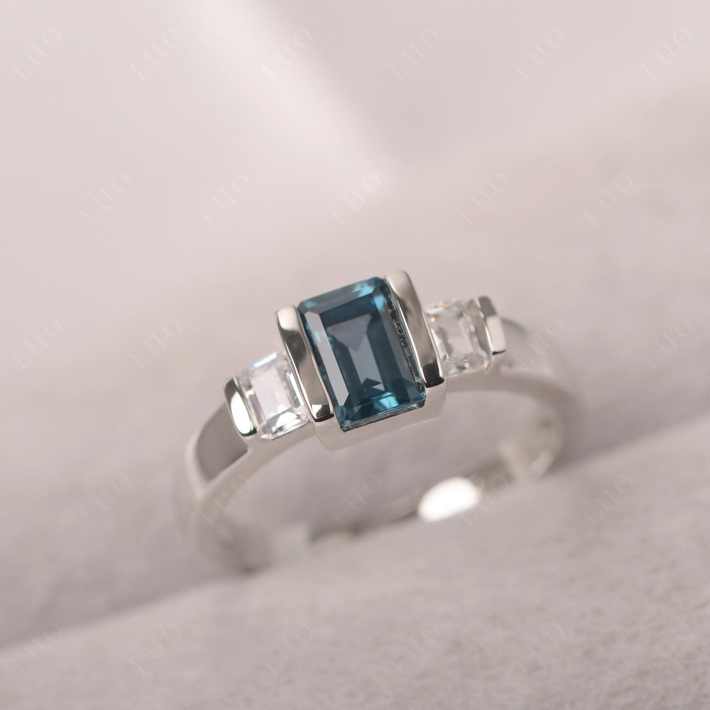 Vintage London Blue Topaz Ring Bezel Set Emerald Cut Ring - LUO Jewelry