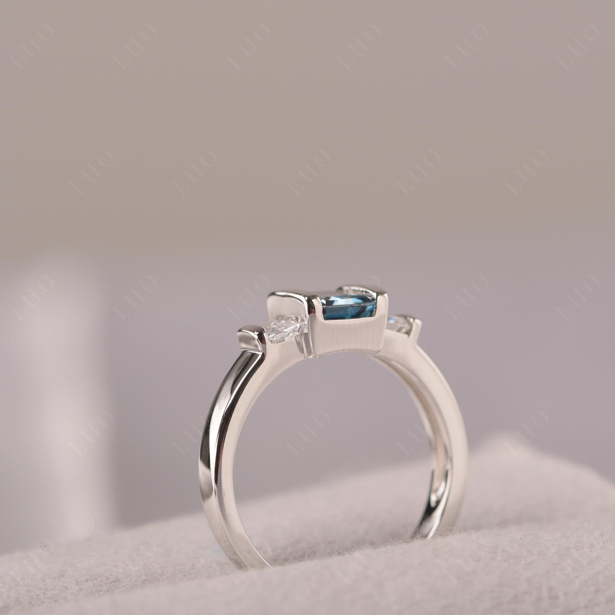 Vintage London Blue Topaz Ring Bezel Set Emerald Cut Ring - LUO Jewelry