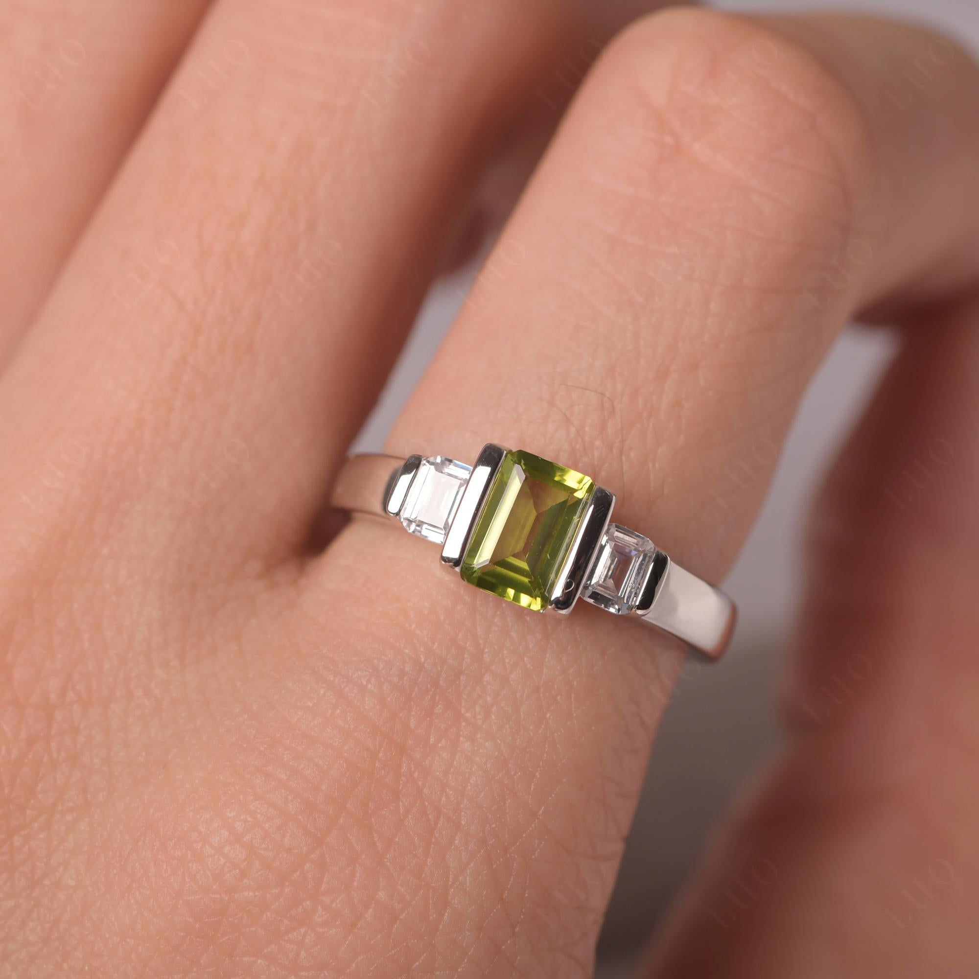 Vintage Peridot Ring Bezel Set Emerald Cut Ring - LUO Jewelry