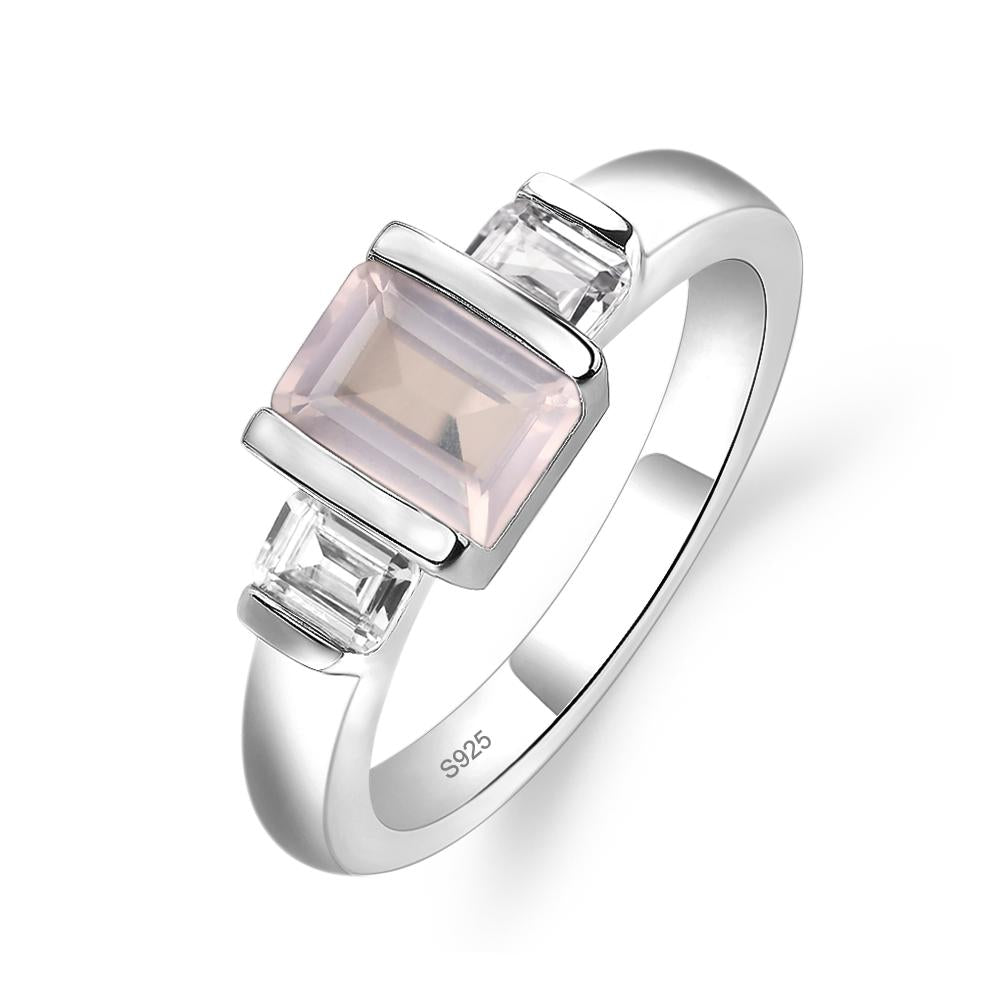 Vintage Rose Quartz Ring Bezel Set Emerald Cut Ring - LUO Jewelry #metal_sterling silver