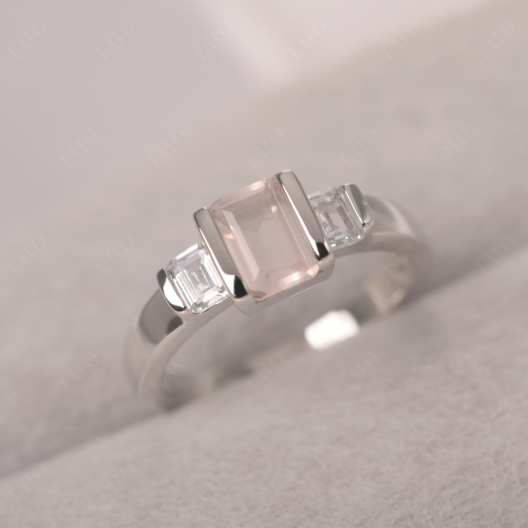 Vintage Rose Quartz Ring Bezel Set Emerald Cut Ring - LUO Jewelry