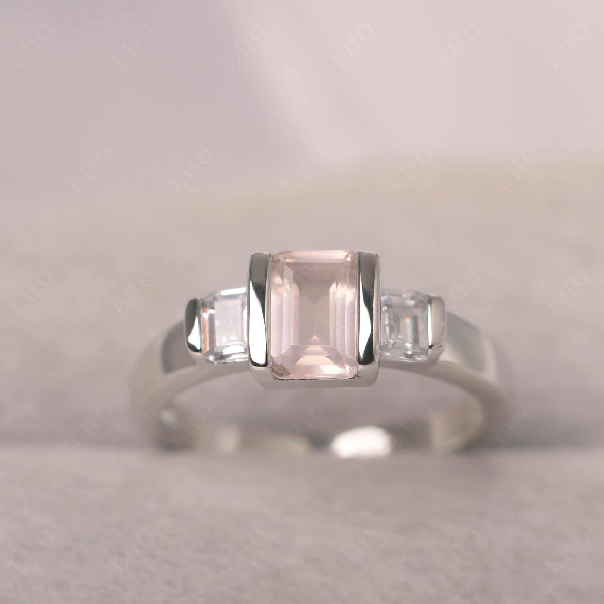 Vintage Rose Quartz Ring Bezel Set Emerald Cut Ring - LUO Jewelry