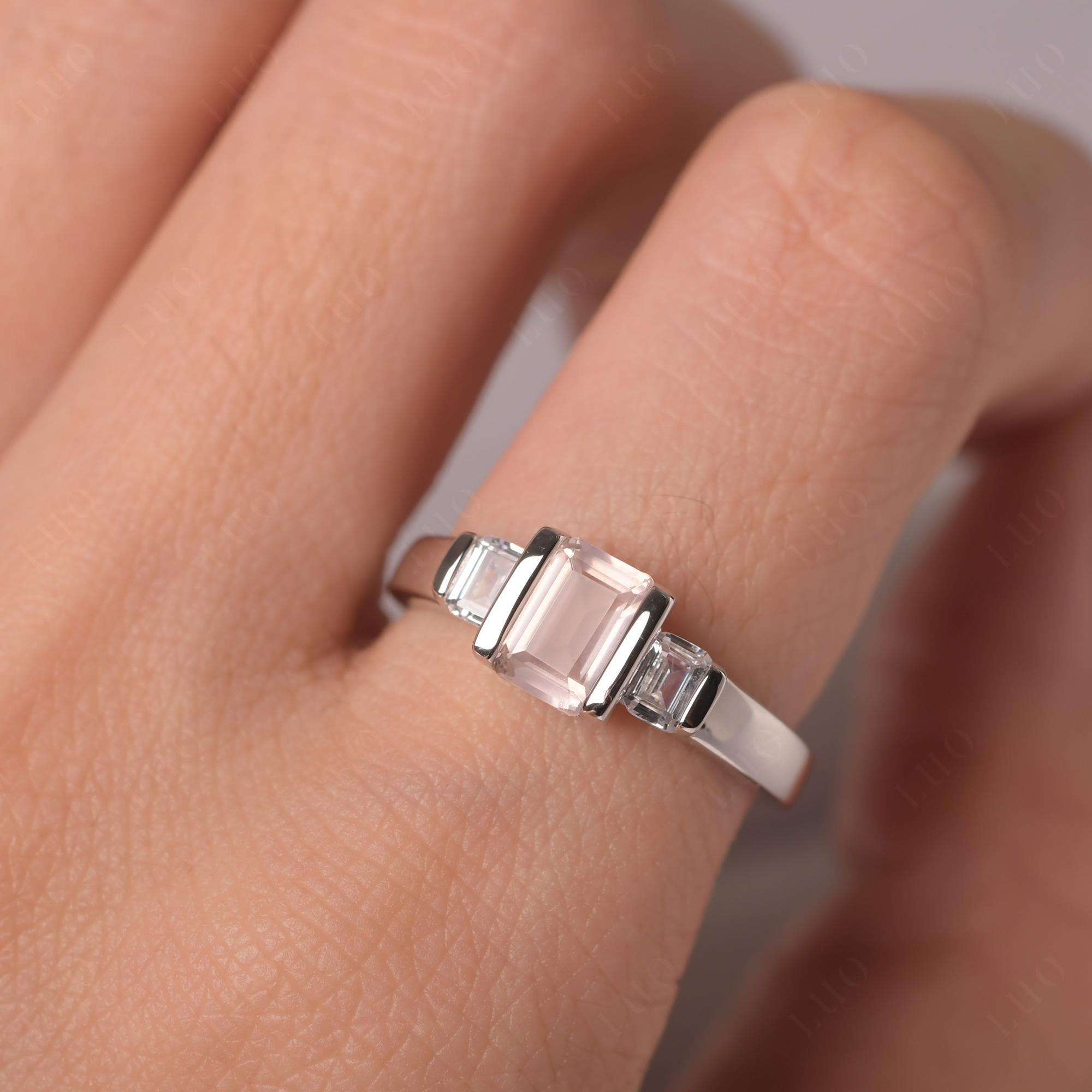 Vintage Rose Quartz Ring Bezel Set Emerald Cut Ring - LUO Jewelry