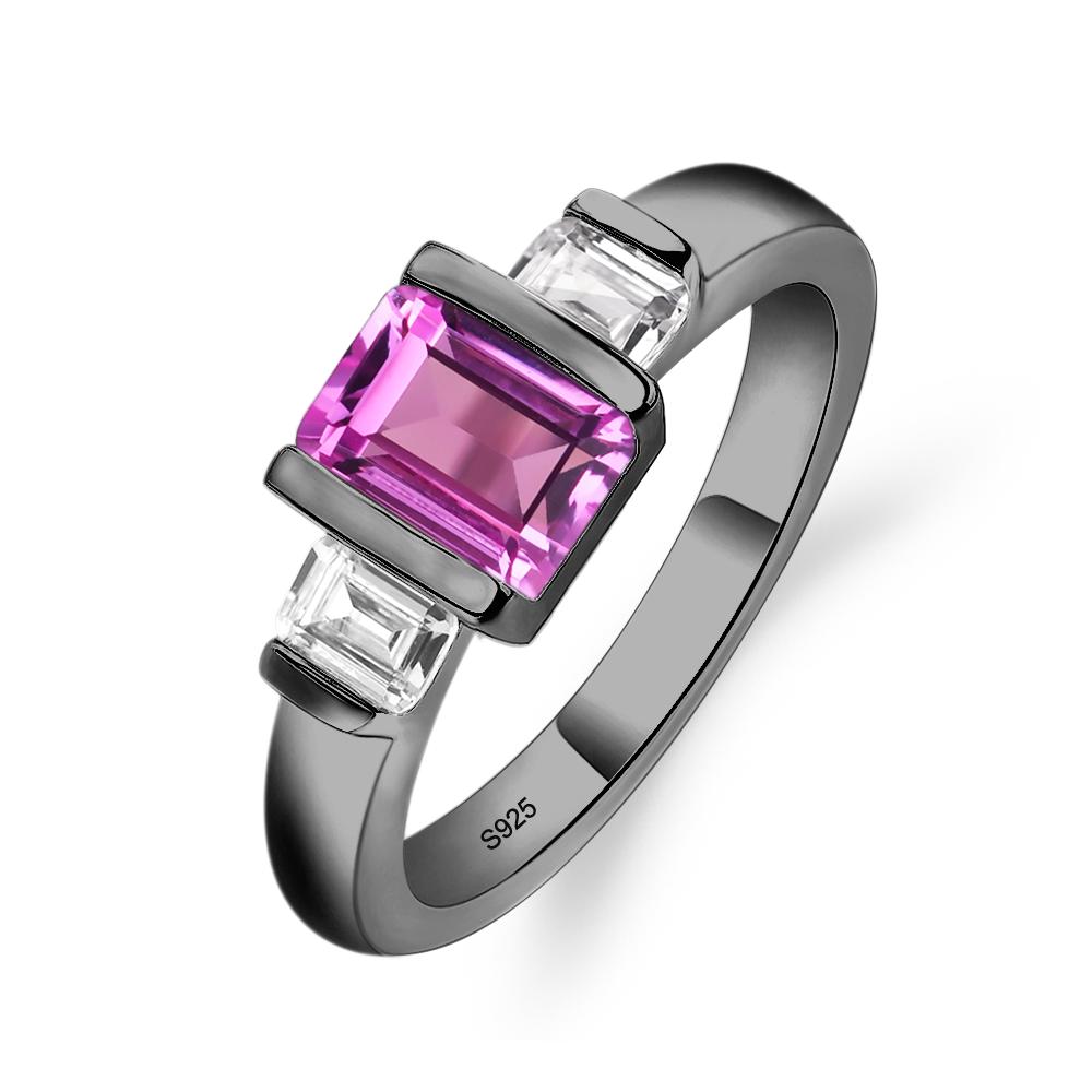 Vintage Lab Pink Sapphire Ring Bezel Set Emerald Cut Ring - LUO Jewelry #metal_black finish sterling silver