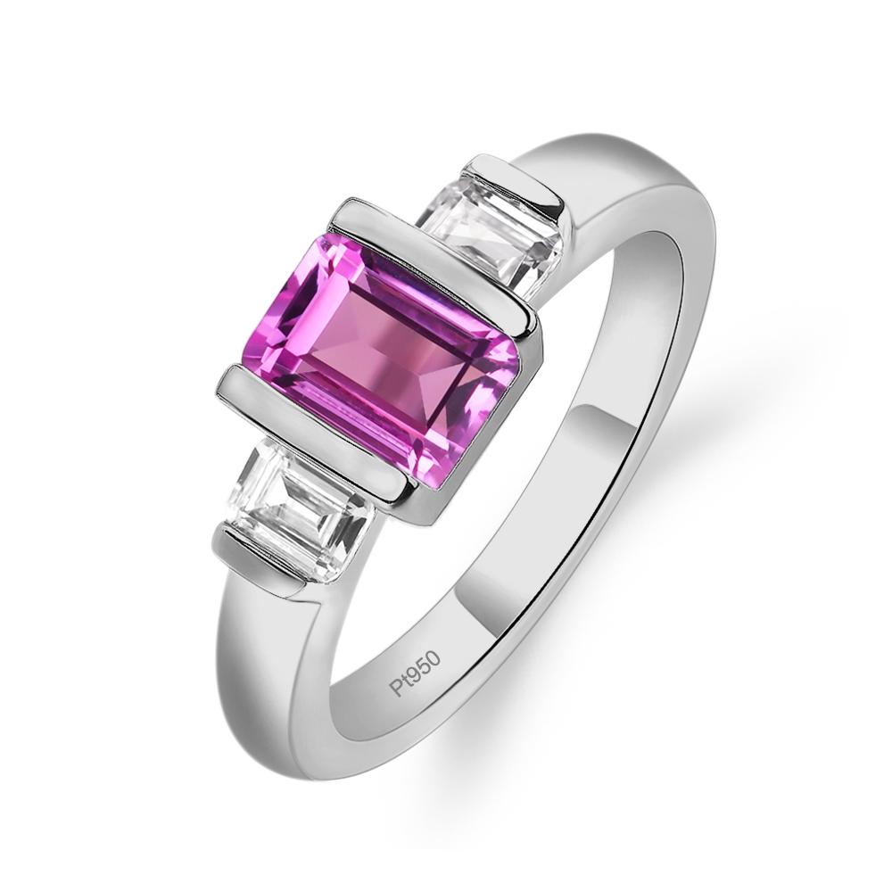 Vintage Lab Pink Sapphire Ring Bezel Set Emerald Cut Ring - LUO Jewelry #metal_platinum