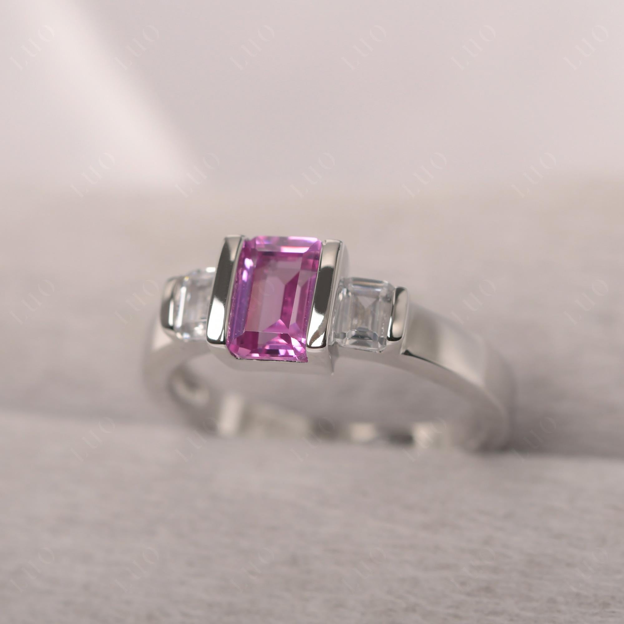 Vintage Lab Pink Sapphire Ring Bezel Set Emerald Cut Ring - LUO Jewelry