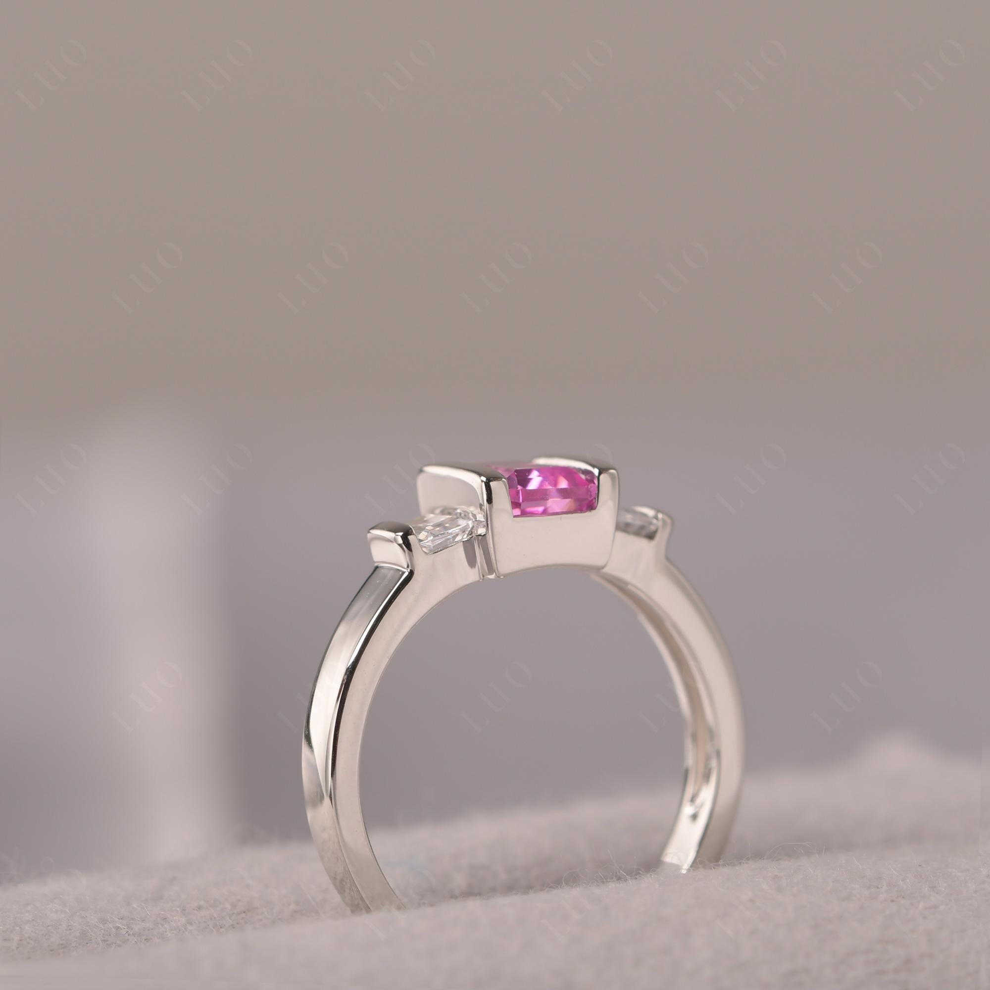 Vintage Lab Pink Sapphire Ring Bezel Set Emerald Cut Ring - LUO Jewelry