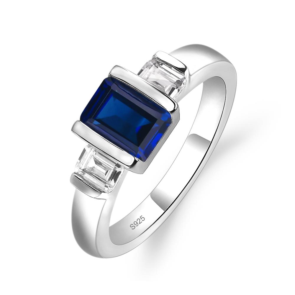 Vintage Lab Grown Sapphire Ring Bezel Set Emerald Cut Ring - LUO Jewelry #metal_sterling silver