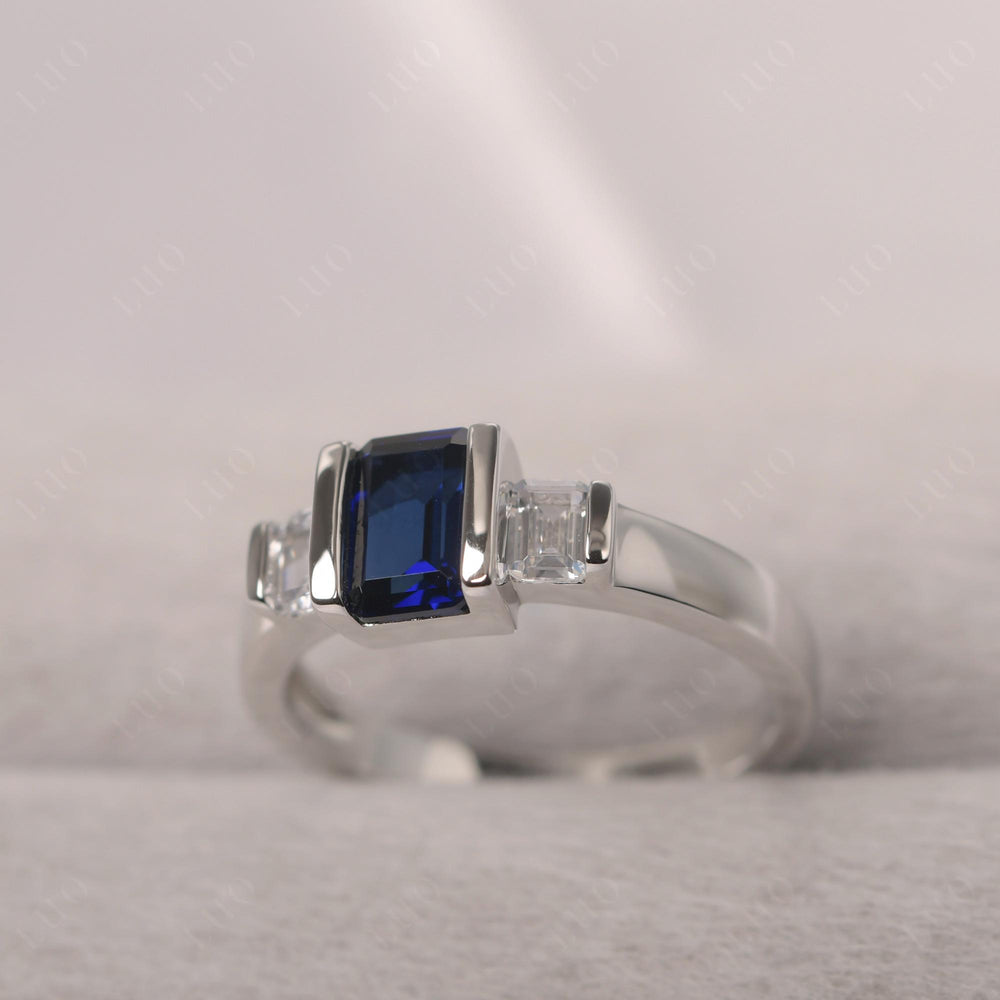 Vintage Lab Sapphire Ring Bezel Set Emerald Cut Ring - LUO Jewelry