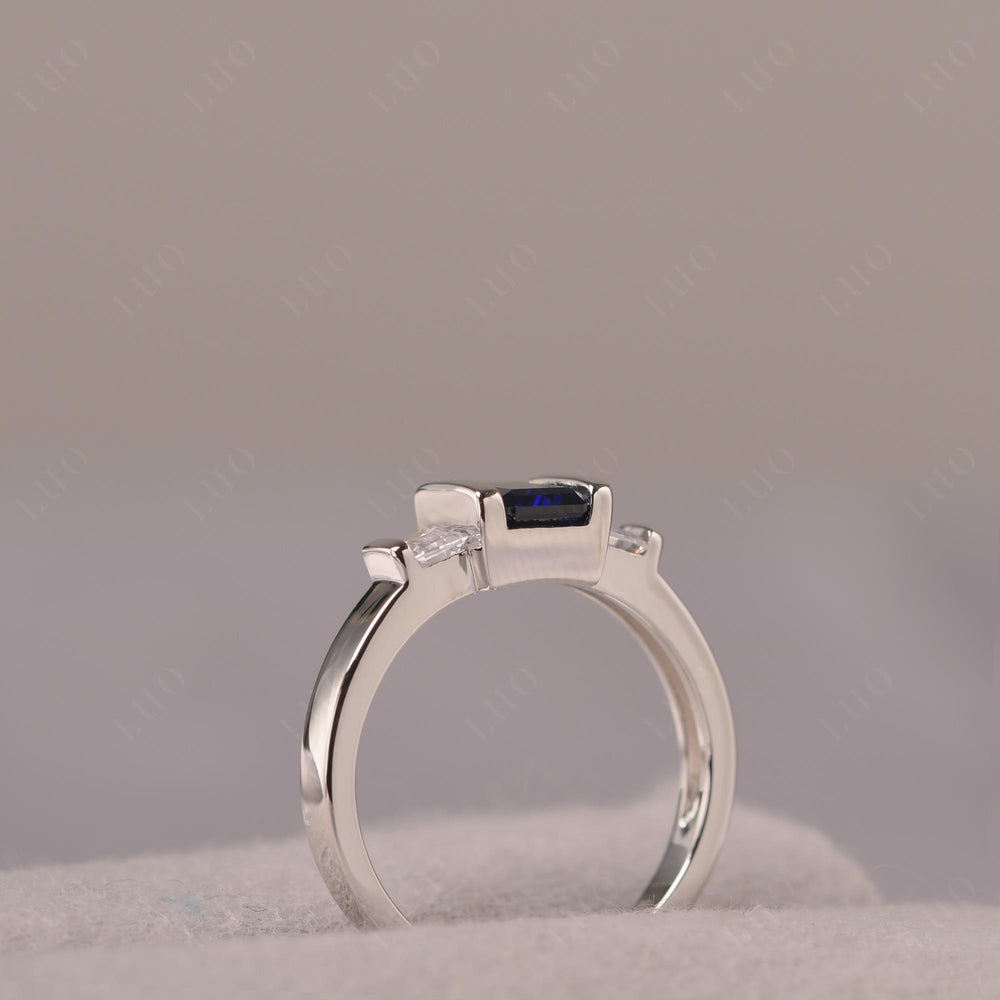 Vintage Lab Sapphire Ring Bezel Set Emerald Cut Ring - LUO Jewelry