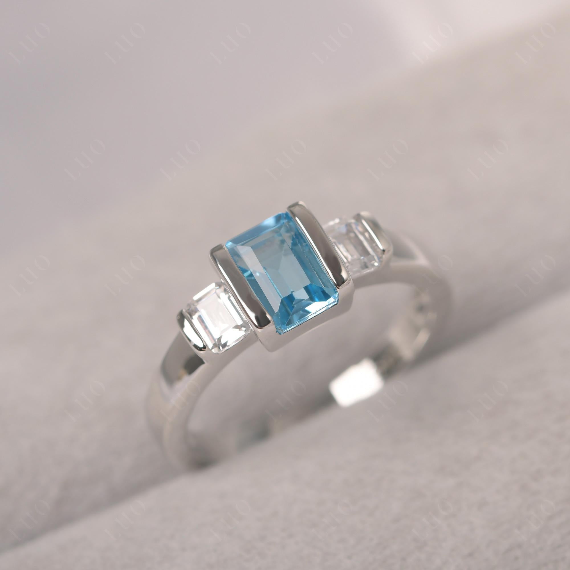 Vintage Swiss Blue Topaz Ring Bezel Set Emerald Cut Ring - LUO Jewelry