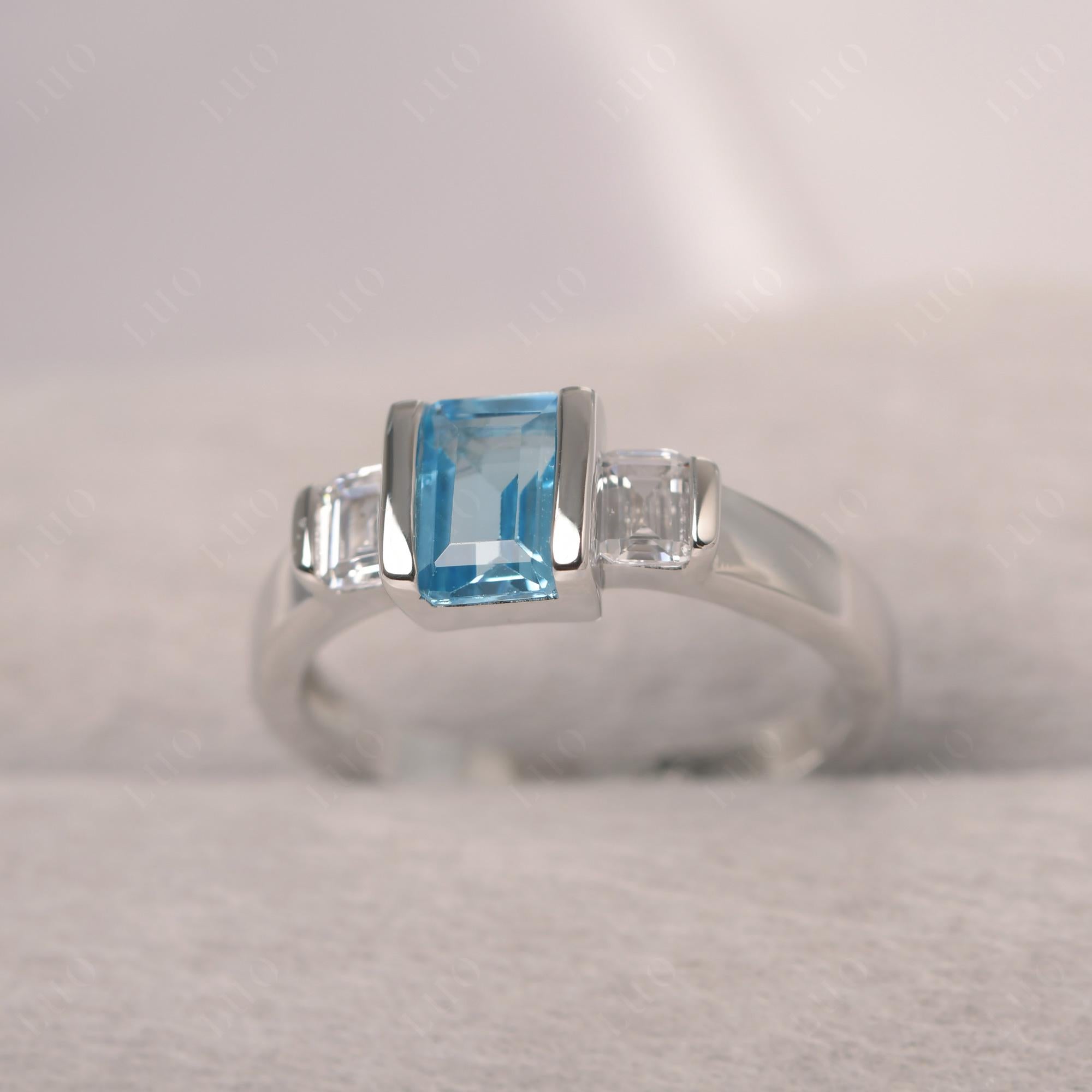 Vintage Swiss Blue Topaz Ring Bezel Set Emerald Cut Ring - LUO Jewelry