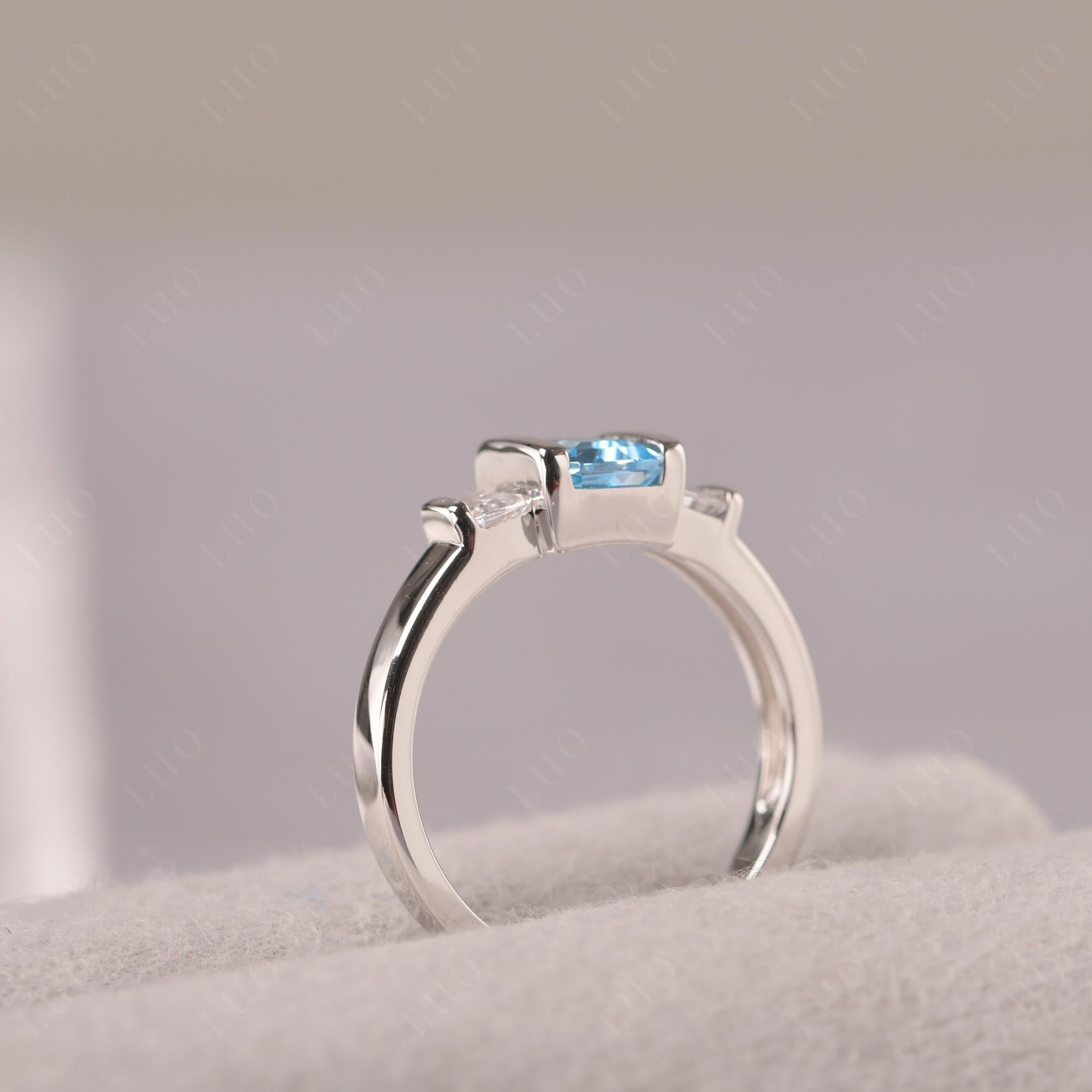 Vintage Swiss Blue Topaz Ring Bezel Set Emerald Cut Ring - LUO Jewelry