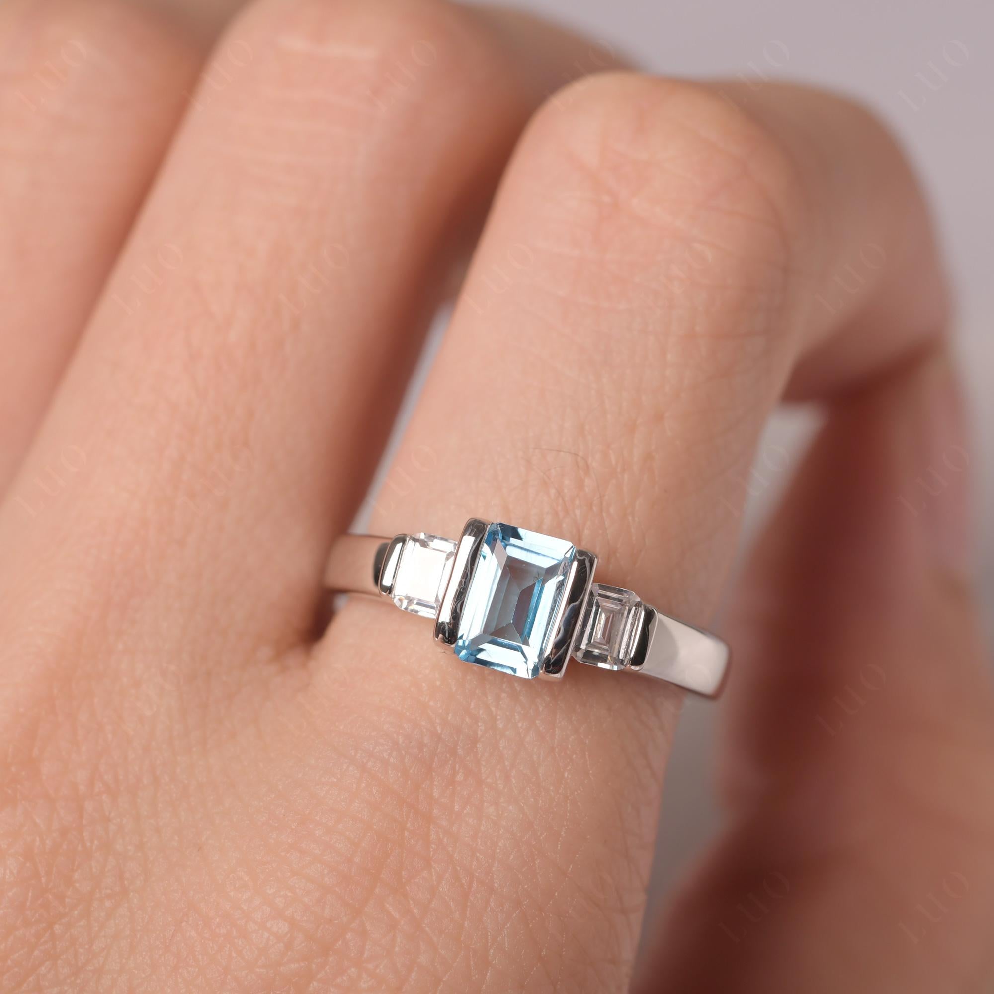 Vintage Swiss Blue Topaz Ring Bezel Set Emerald Cut Ring - LUO Jewelry