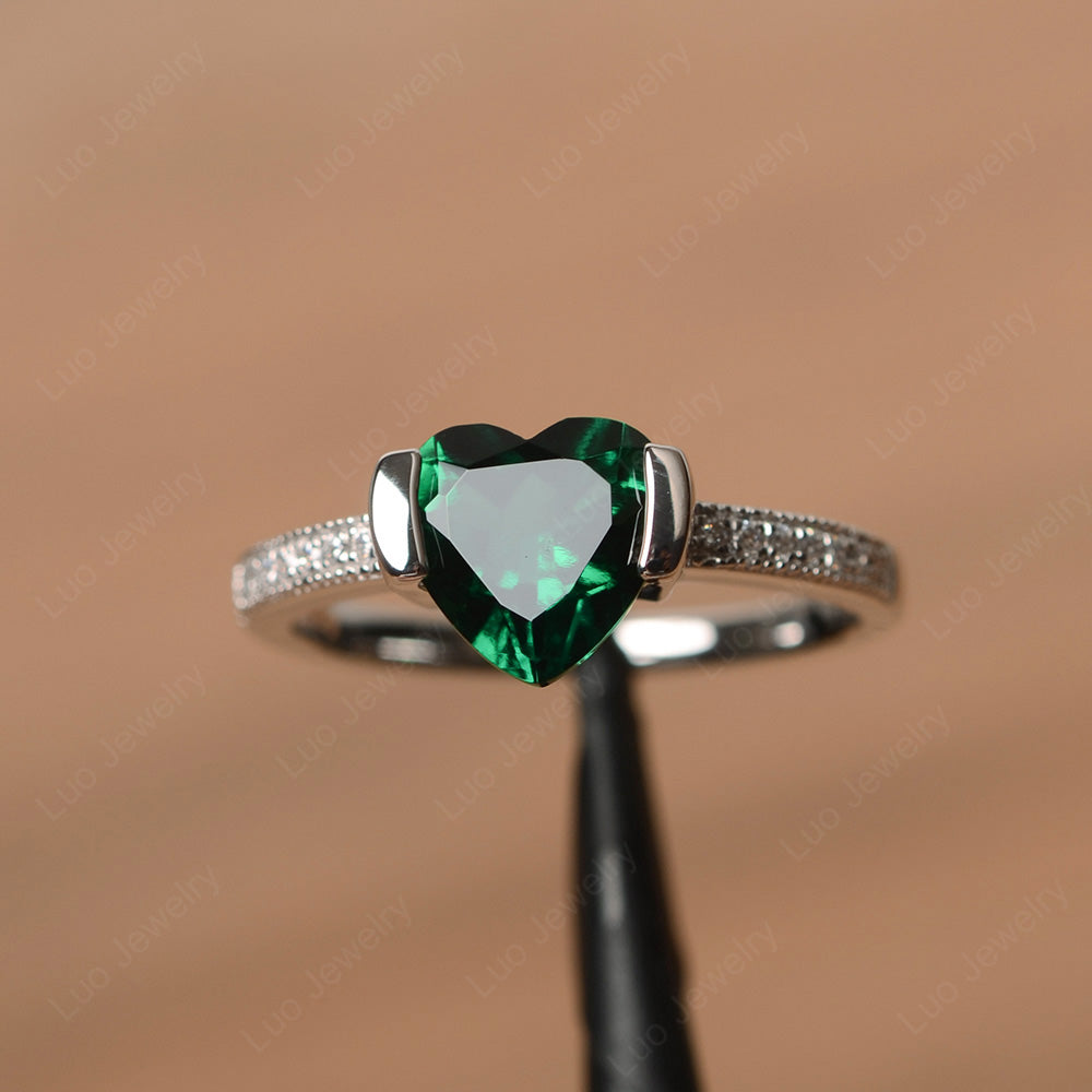 Hear Lab Emerald Half Bezel Set Engagement Ring - LUO Jewelry