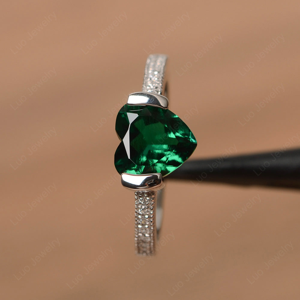 Hear Lab Emerald Half Bezel Set Engagement Ring - LUO Jewelry