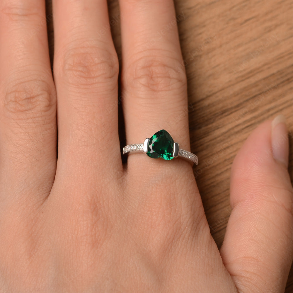 Hear Lab Emerald Half Bezel Set Engagement Ring - LUO Jewelry