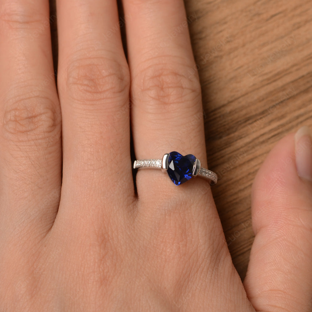 Hear Lab Sapphire Half Bezel Set Engagement Ring - LUO Jewelry