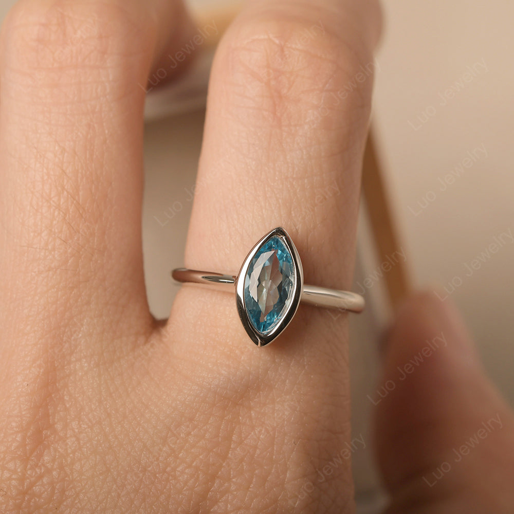 Marquise Cut Swiss Blue Topaz Bezel Set Engagement Ring - LUO Jewelry
