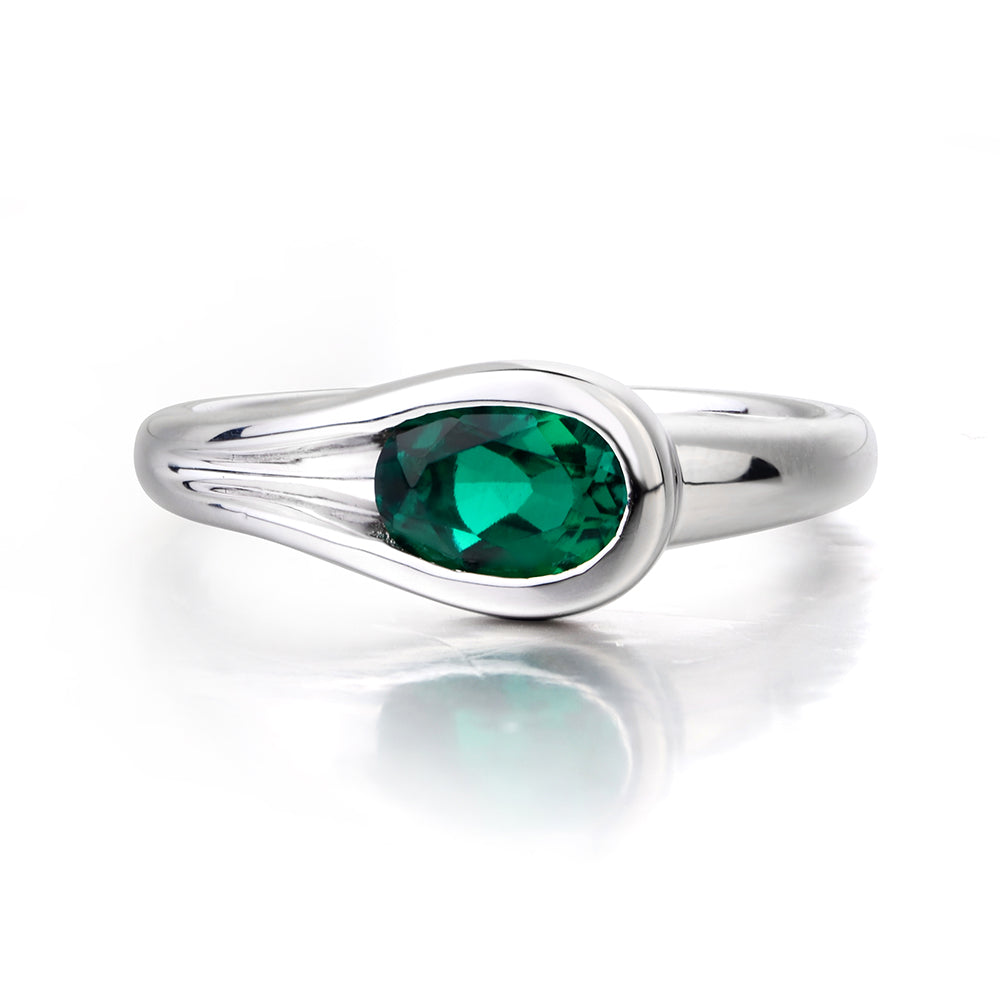 Oval Lab Emerald Solitaire Ring White Gold - LUO Jewelry