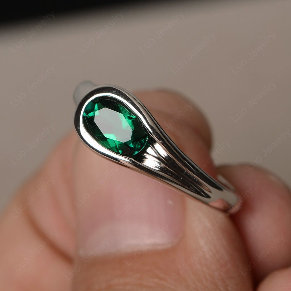 Oval Lab Emerald Solitaire Ring White Gold - LUO Jewelry