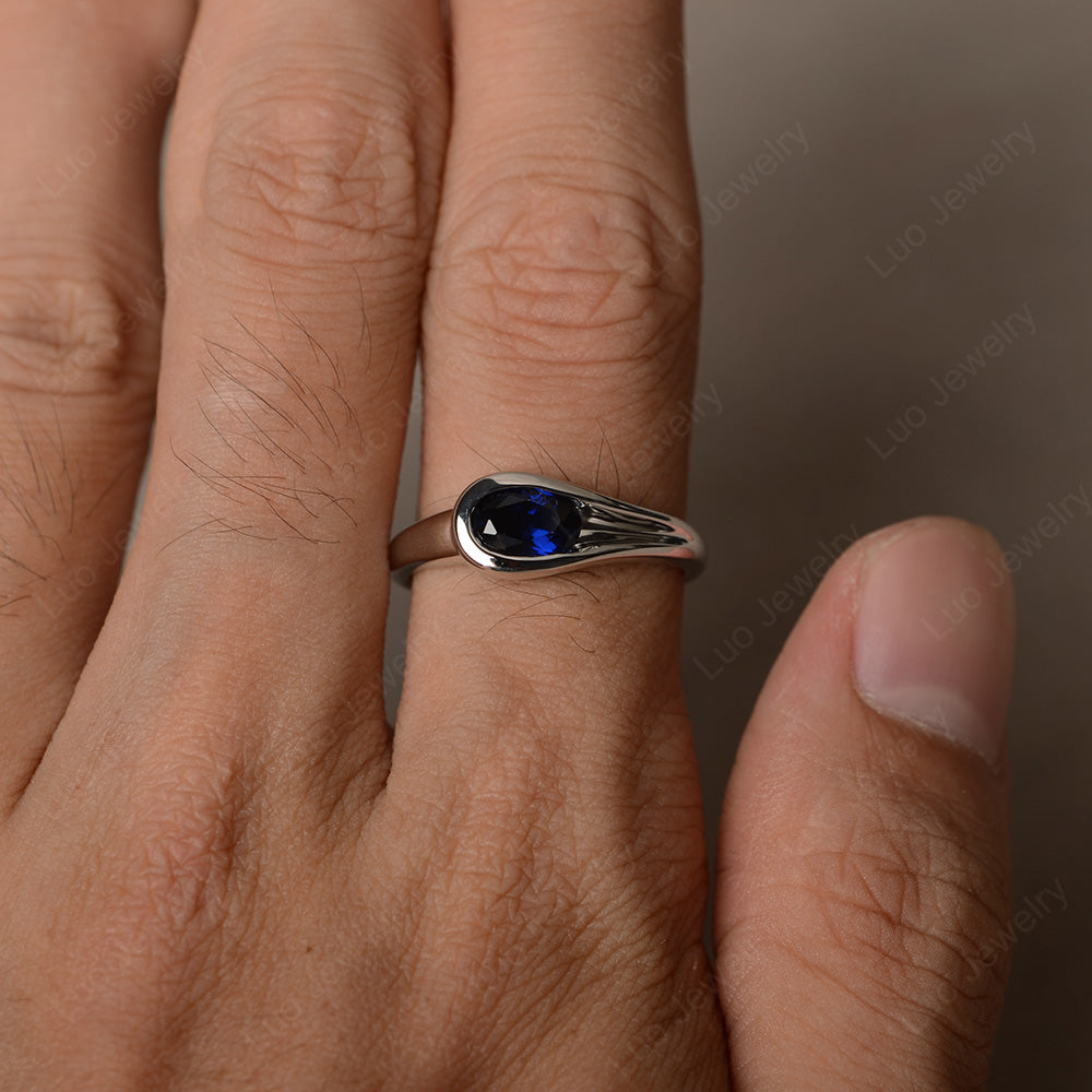 Oval Lab Sapphire Solitaire Ring White Gold - LUO Jewelry