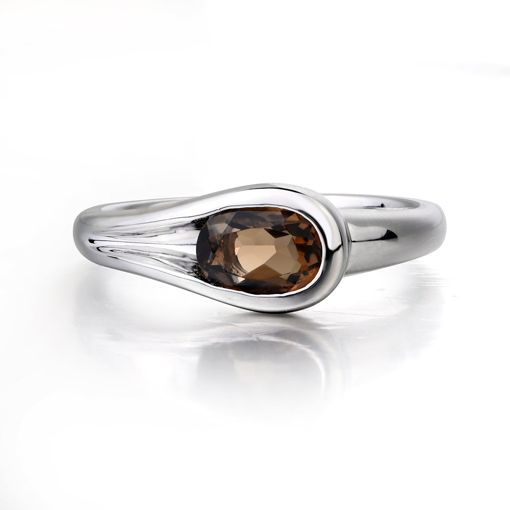 Oval Smoky Quartz  Solitaire Ring White Gold - LUO Jewelry