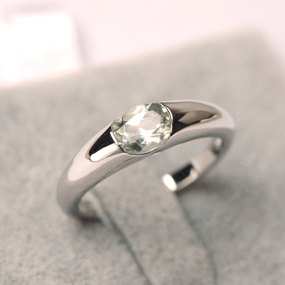 Green Amethyst Ring East West Bezel Set Engagement Ring - LUO Jewelry