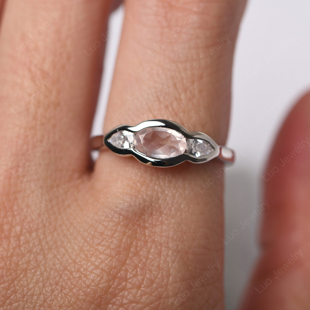 3 Stone Bezel Set Ring Vintage Rose Quartz Ring - LUO Jewelry