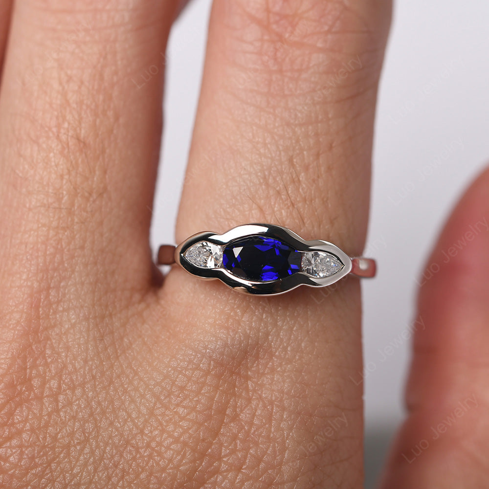 3 Stone Bezel Set Ring Vintage Lab Sapphire Ring - LUO Jewelry
