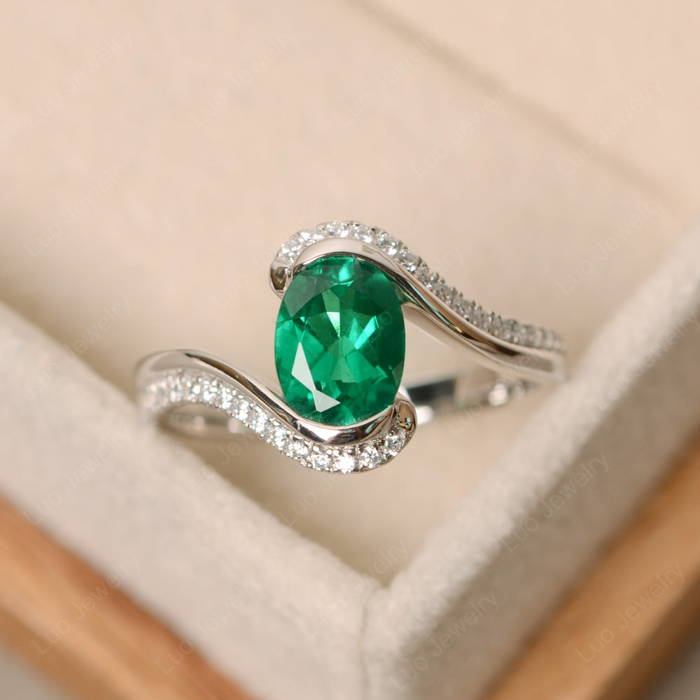 Oval Bezel Lab Emerald Engagement Ring Silver - LUO Jewelry