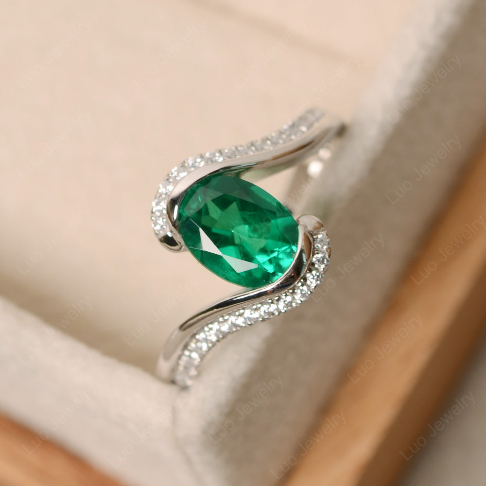 Oval Bezel Lab Emerald Engagement Ring Silver - LUO Jewelry