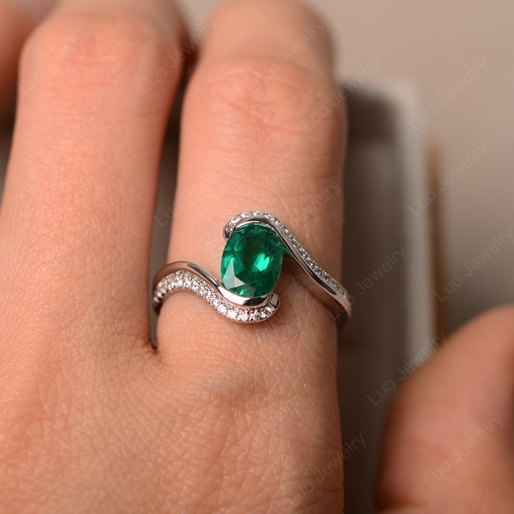 Oval Bezel Lab Emerald Engagement Ring Silver - LUO Jewelry
