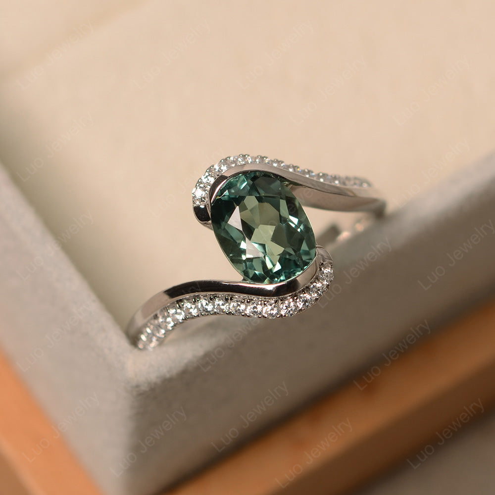Oval Bezel Green Sapphire Engagement Ring Silver - LUO Jewelry