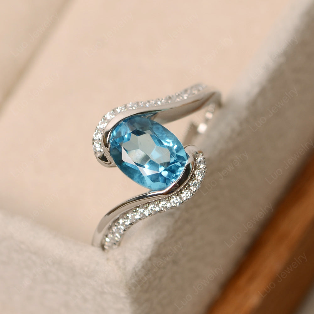 Oval Bezel Swiss Blue Topaz Engagement Ring Silver - LUO Jewelry