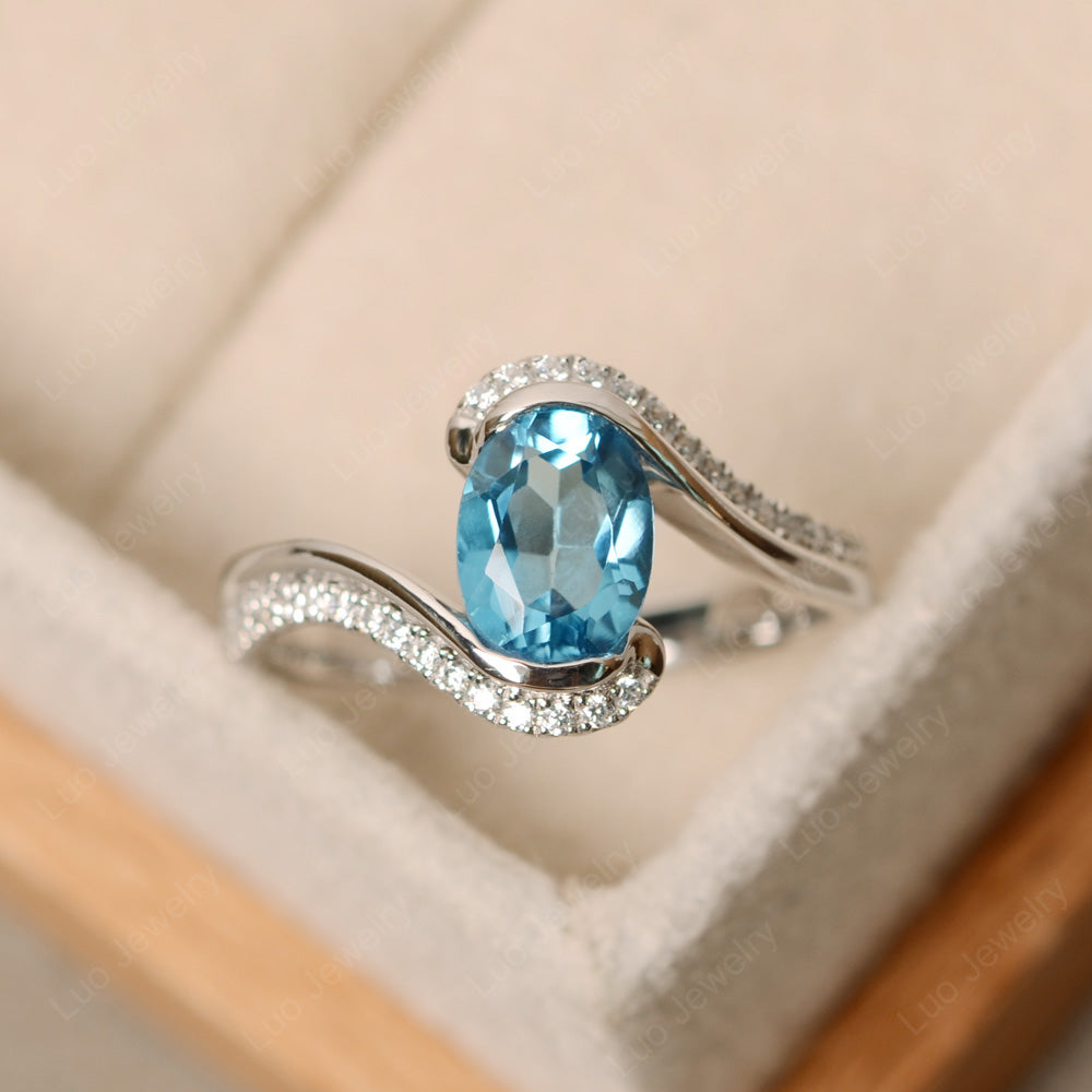 Oval Bezel Swiss Blue Topaz Engagement Ring Silver - LUO Jewelry