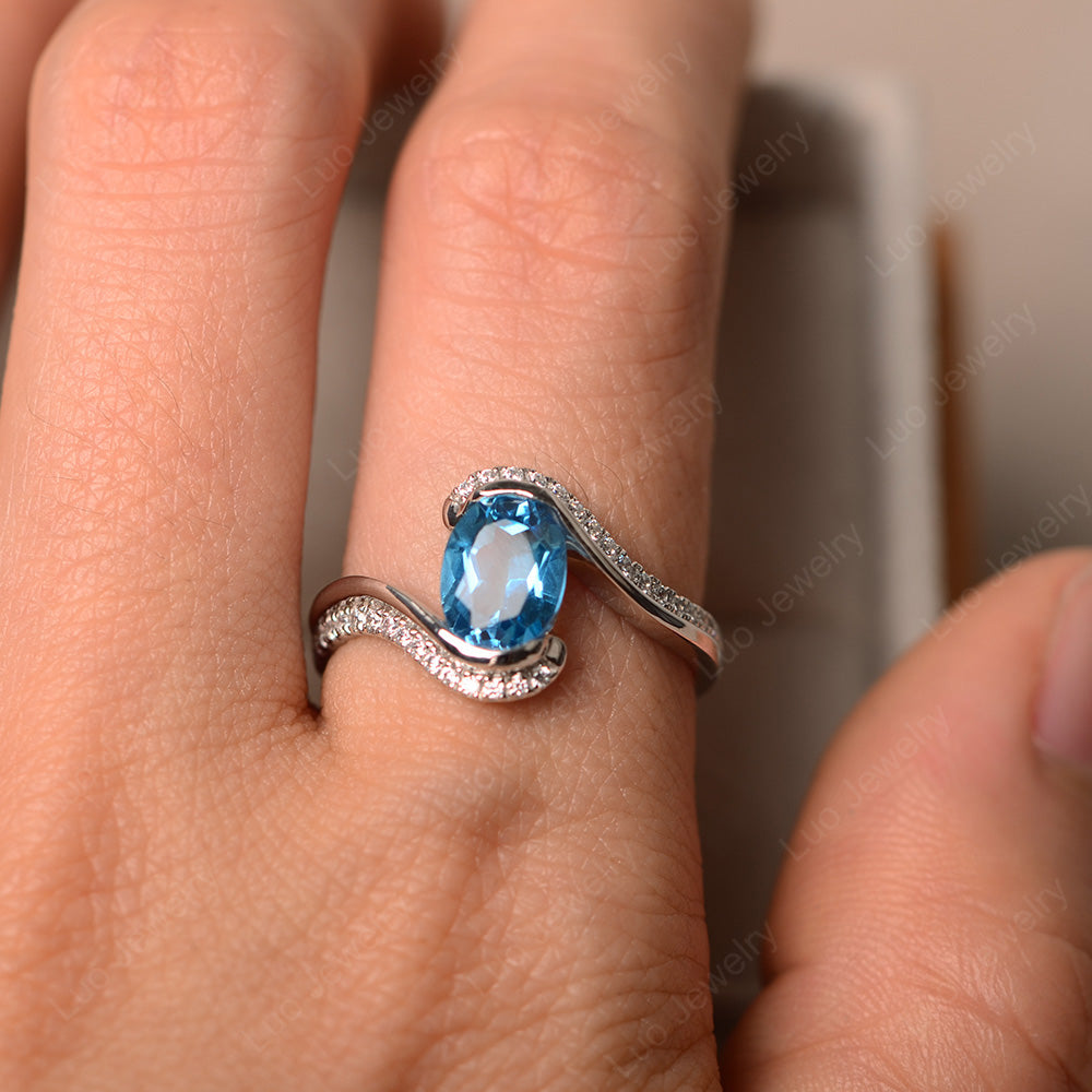 Oval Bezel Swiss Blue Topaz Engagement Ring Silver - LUO Jewelry