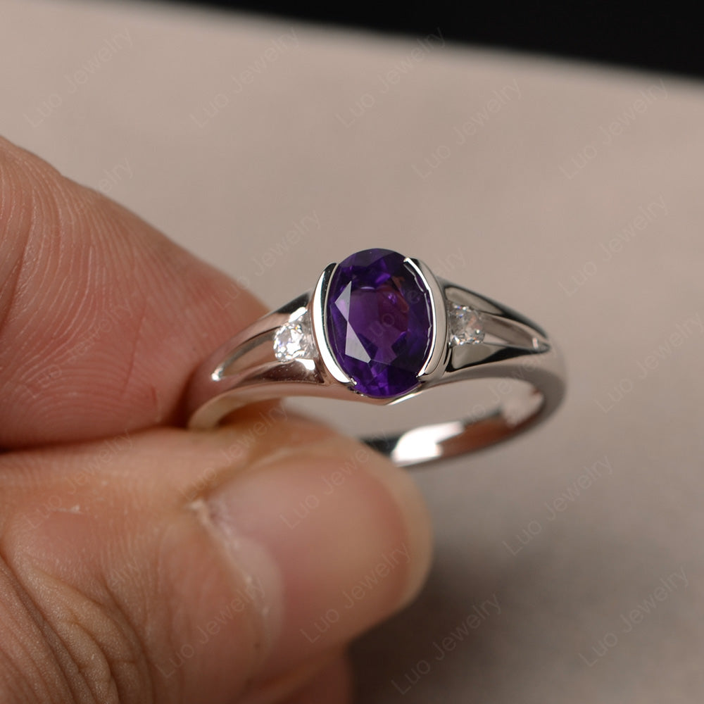 Half Bezel Set Oval Amethyst Engagement Ring - LUO Jewelry