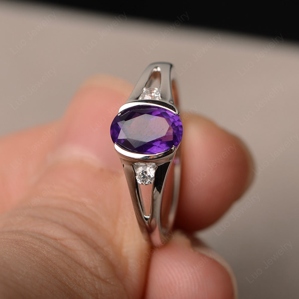 Half Bezel Set Oval Amethyst Engagement Ring - LUO Jewelry