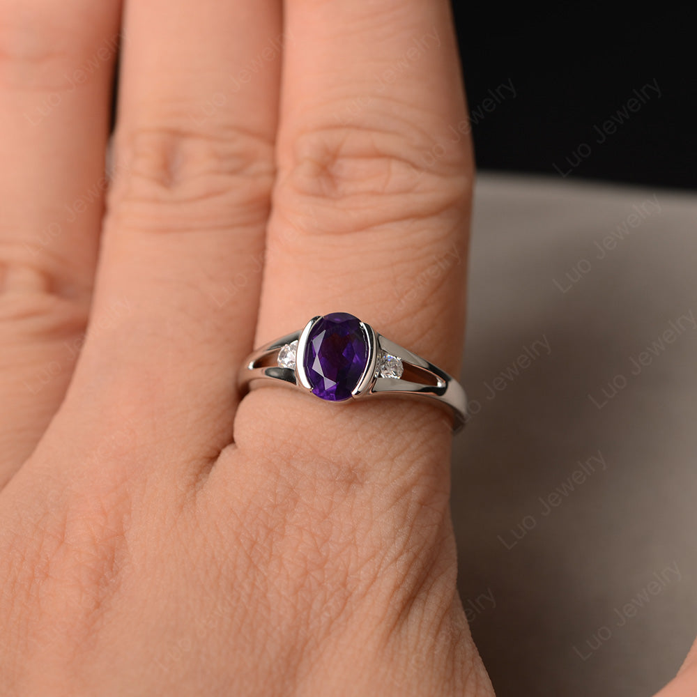Half Bezel Set Oval Amethyst Engagement Ring - LUO Jewelry