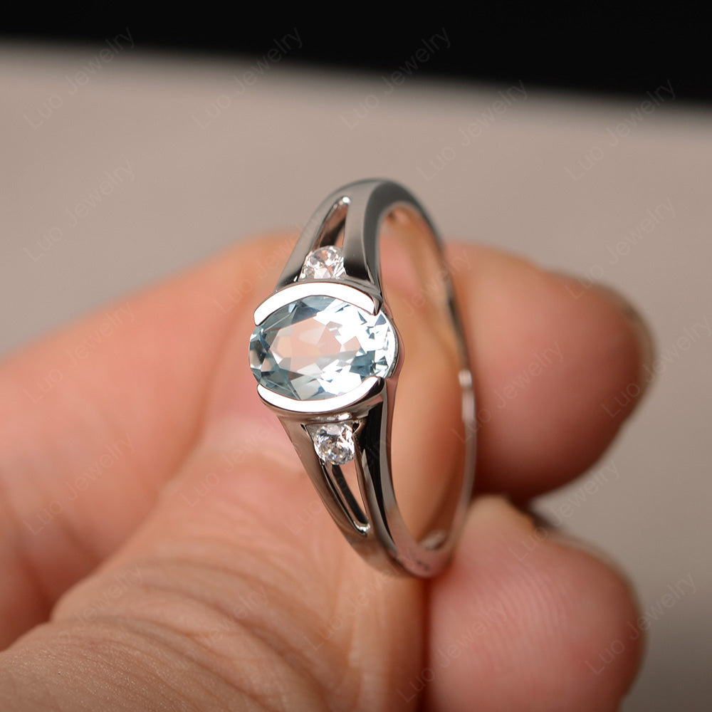 Half Bezel Set Oval Aquamarine Engagement Ring - LUO Jewelry