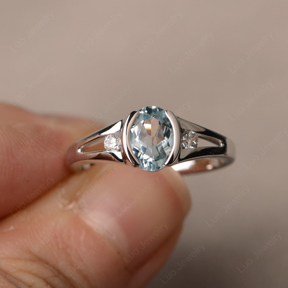 Half Bezel Set Oval Aquamarine Engagement Ring - LUO Jewelry