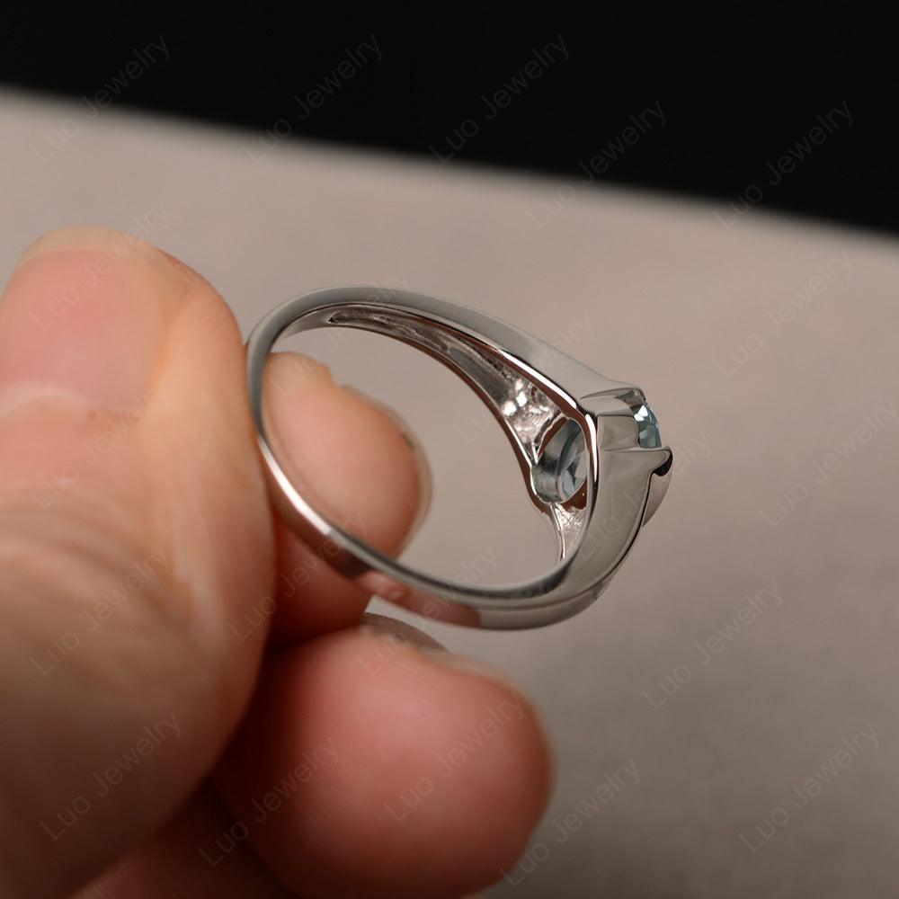 Half Bezel Set Oval Aquamarine Engagement Ring - LUO Jewelry
