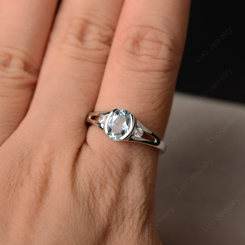 Half Bezel Set Oval Aquamarine Engagement Ring - LUO Jewelry