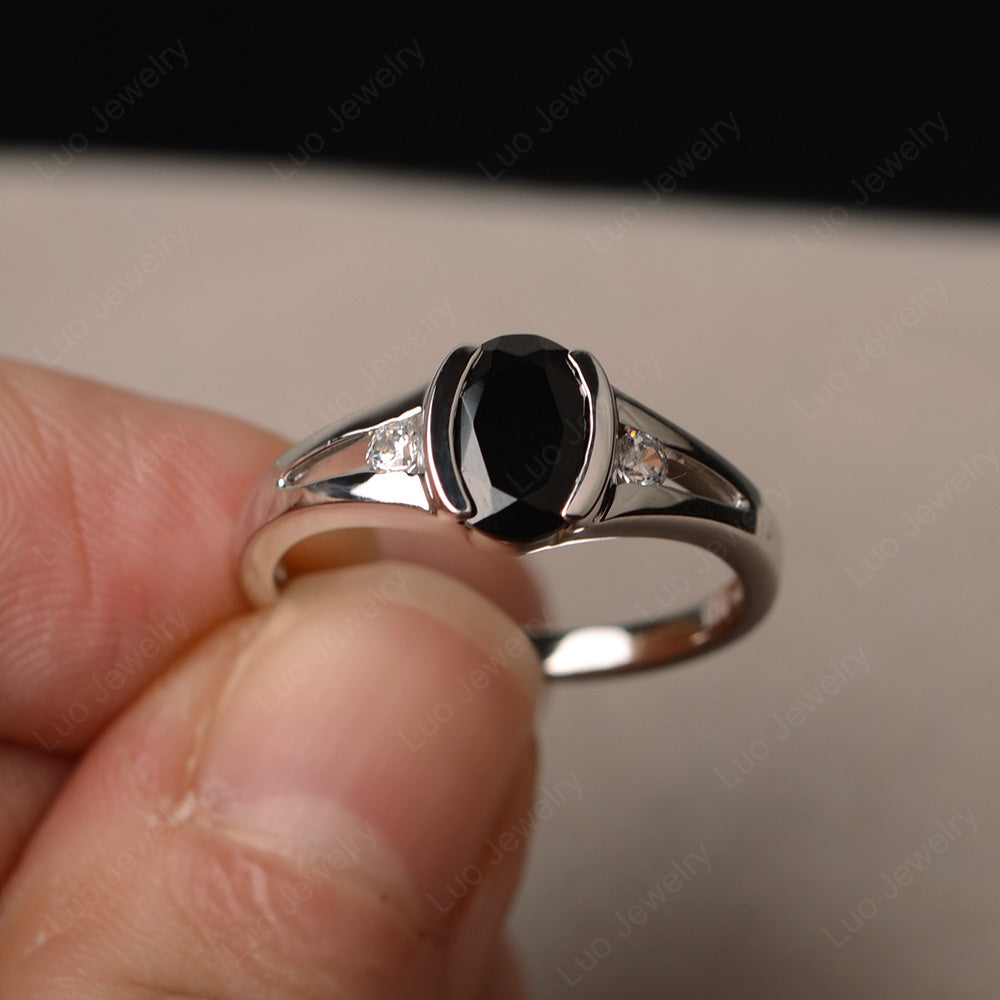 Half Bezel Set Oval Black Spinel Engagement Ring - LUO Jewelry