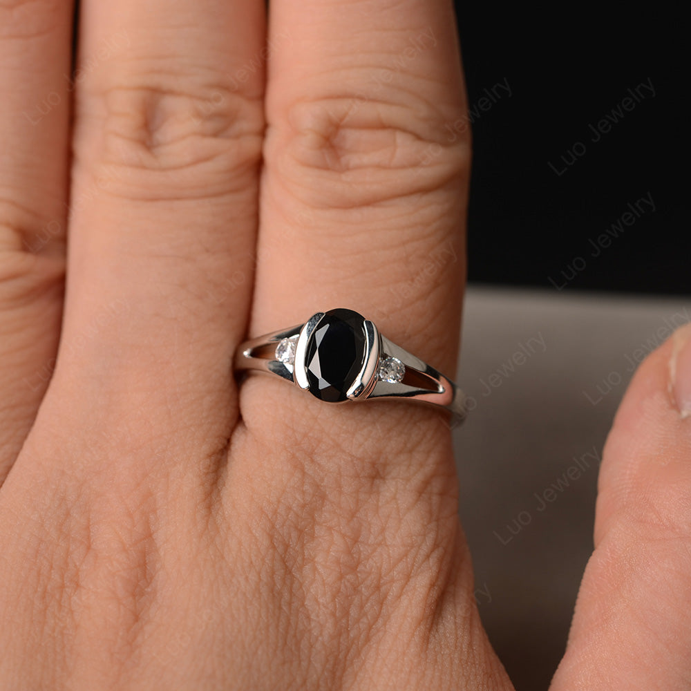 Half Bezel Set Oval Black Spinel Engagement Ring - LUO Jewelry