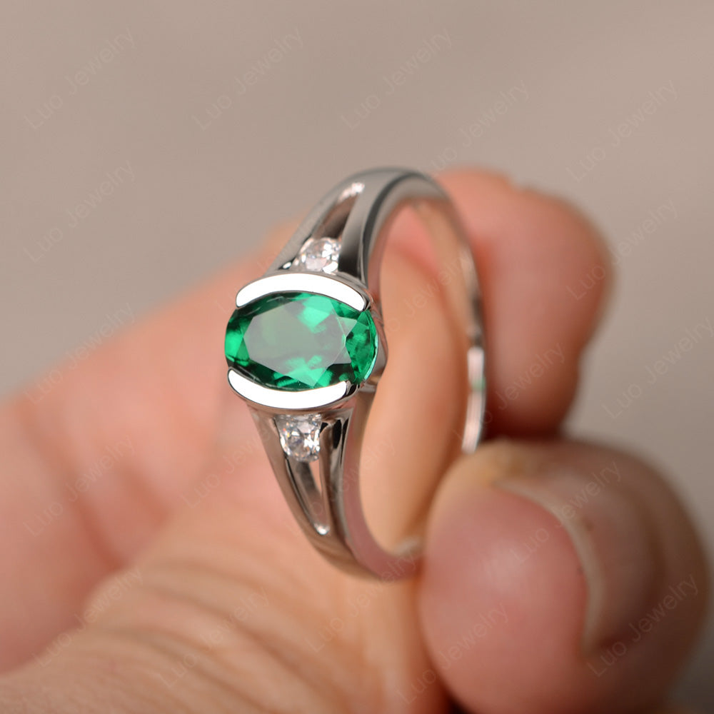 Half Bezel Set Oval Lab Emerald Engagement Ring - LUO Jewelry