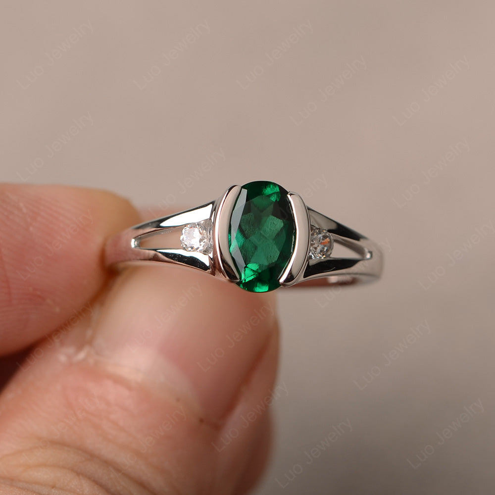 Half Bezel Set Oval Lab Emerald Engagement Ring - LUO Jewelry