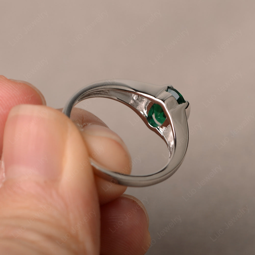 Half Bezel Set Oval Lab Emerald Engagement Ring - LUO Jewelry