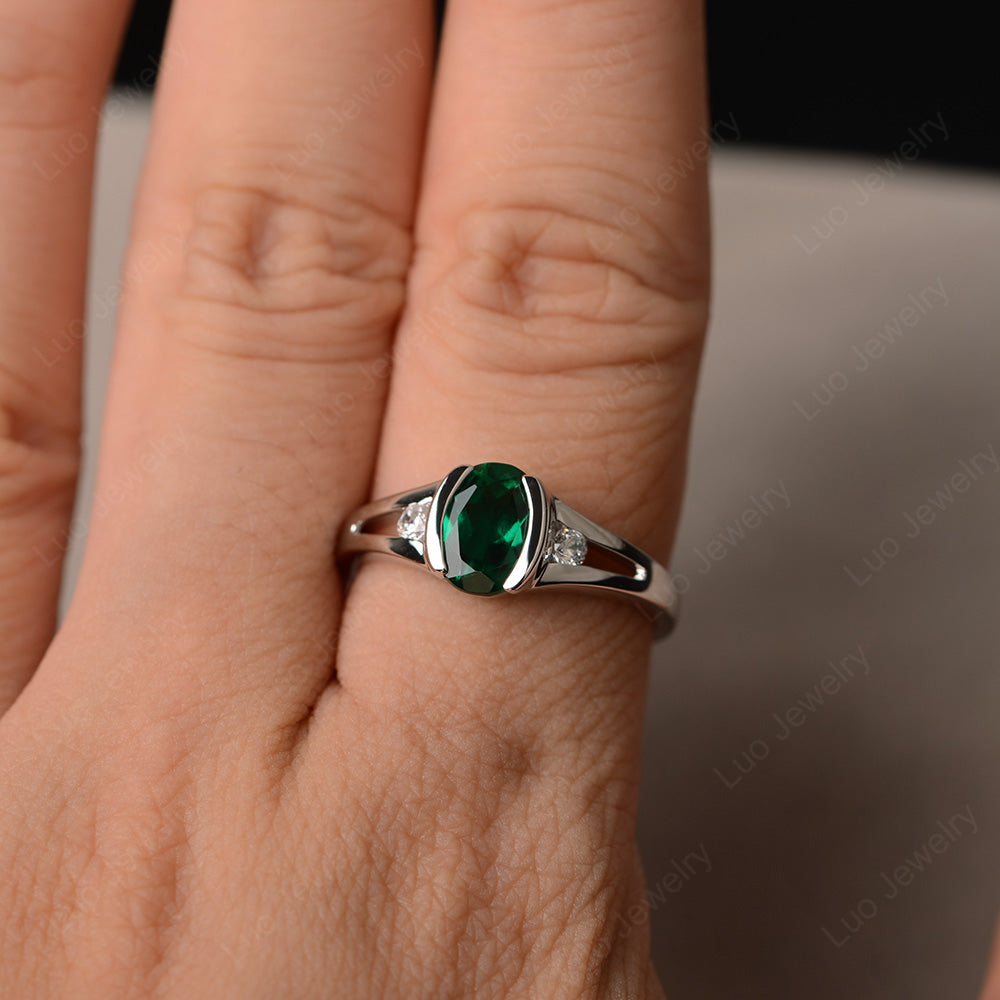 Half Bezel Set Oval Lab Emerald Engagement Ring - LUO Jewelry